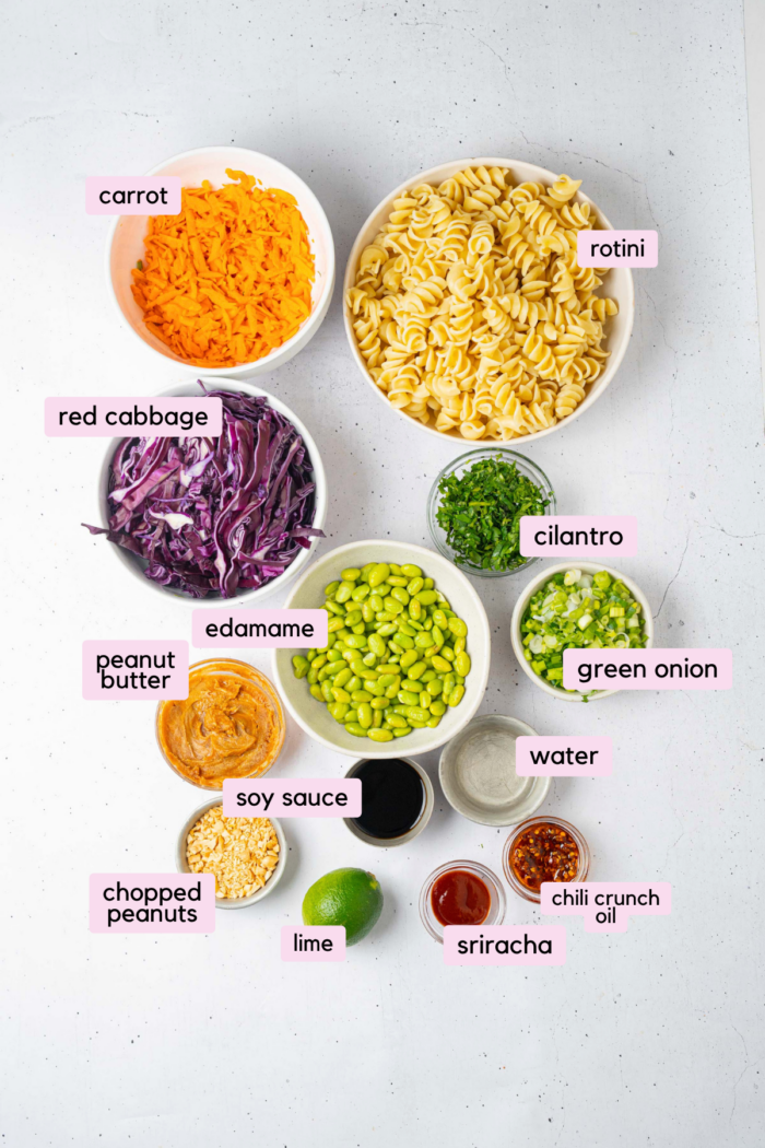The ingredients for the peanut pasta salad laid out and labeled on a clear white background.