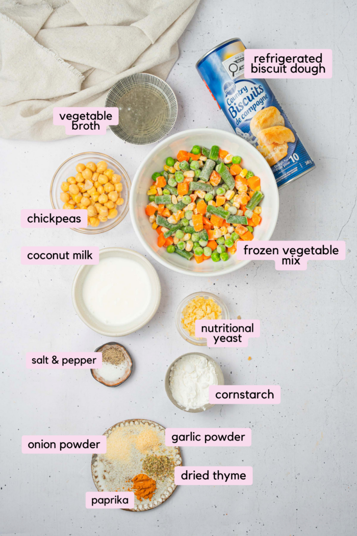 The ingredients for mini chickpea pot pies laid out and labeled on a light background.
