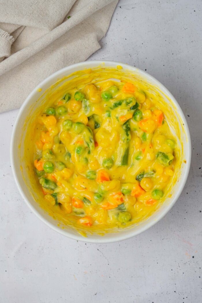 The filling for mini chickpea pot pies, thick and golden after the microwave.