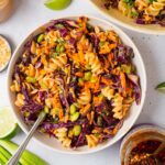 A serving of peanut pasta salad, with ingredients like green onions and chili oil visible in the shot.