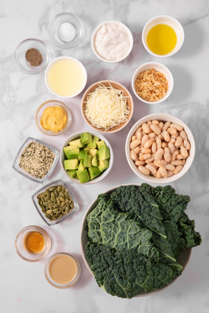 The ingredients for chopped kale salad laid out on a clear light background.