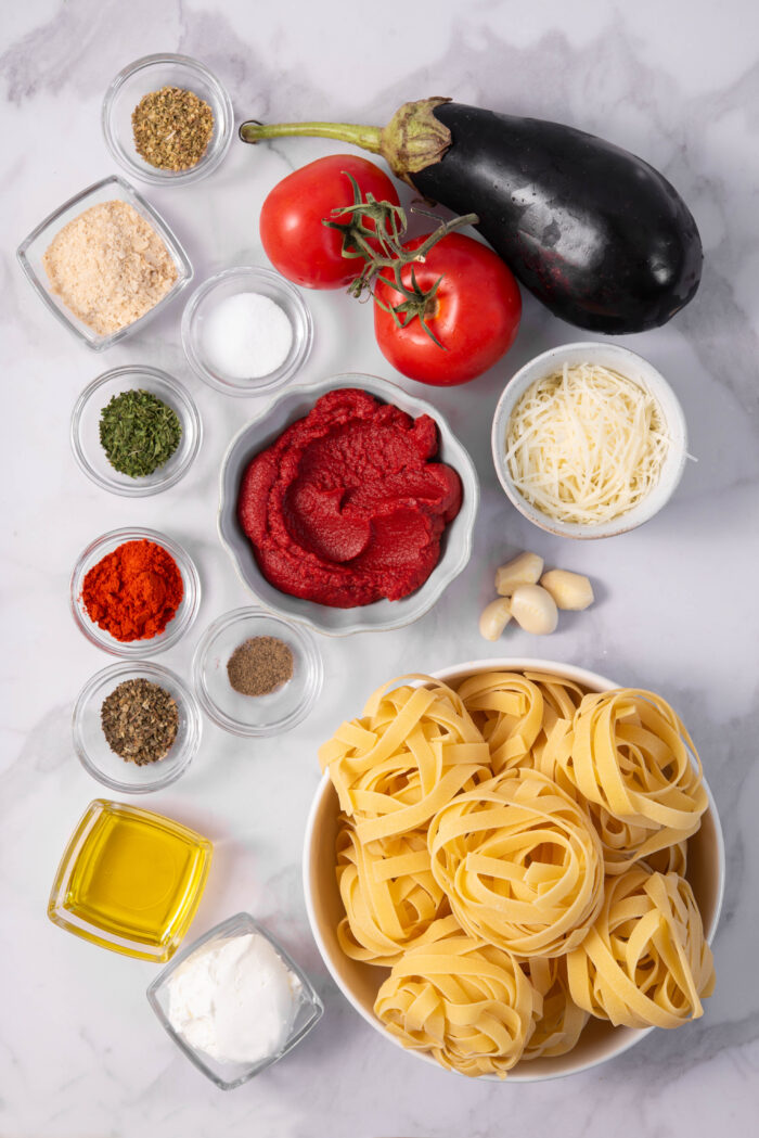 The ingredients for the eggplant pasta sauce laid out and labeled