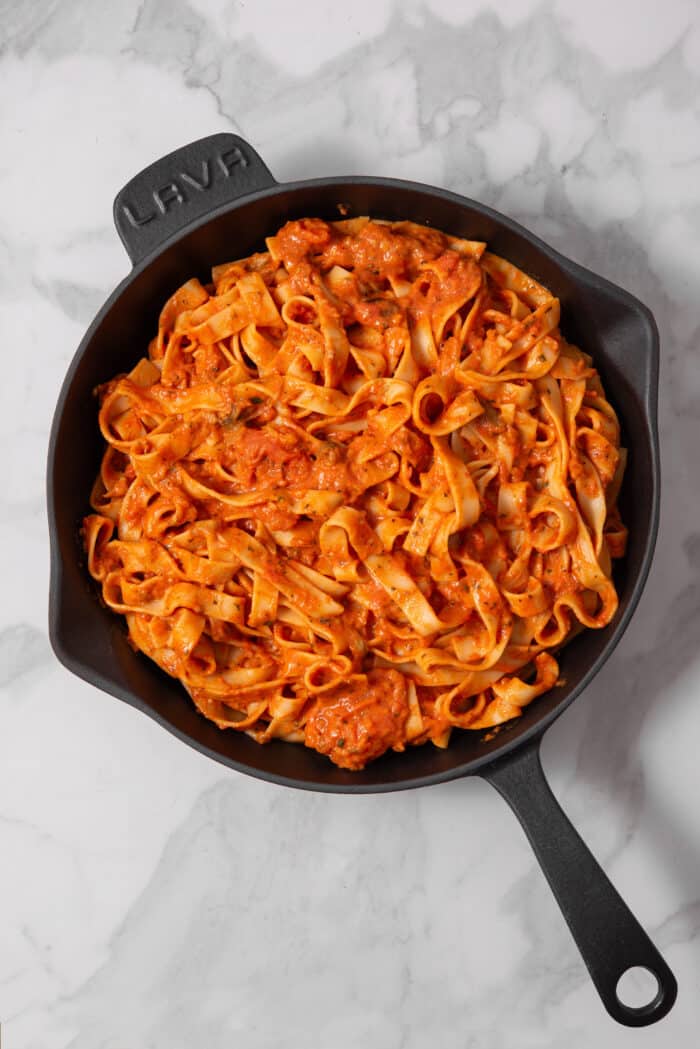 Pasta stirred together with the creamy eggplant pasta sauce.