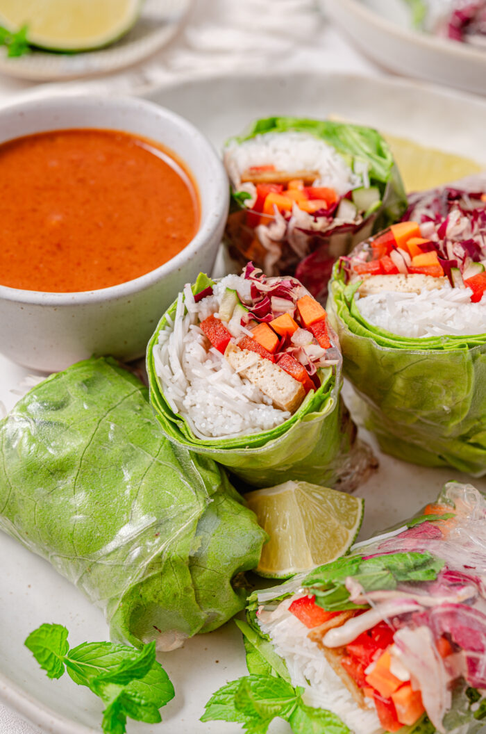 A closer look of the cross section of vegan summer rolls.