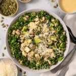 Chopped kale salad, topped with vegan parmesan, and surrounded by the ingredients included in the recipe.