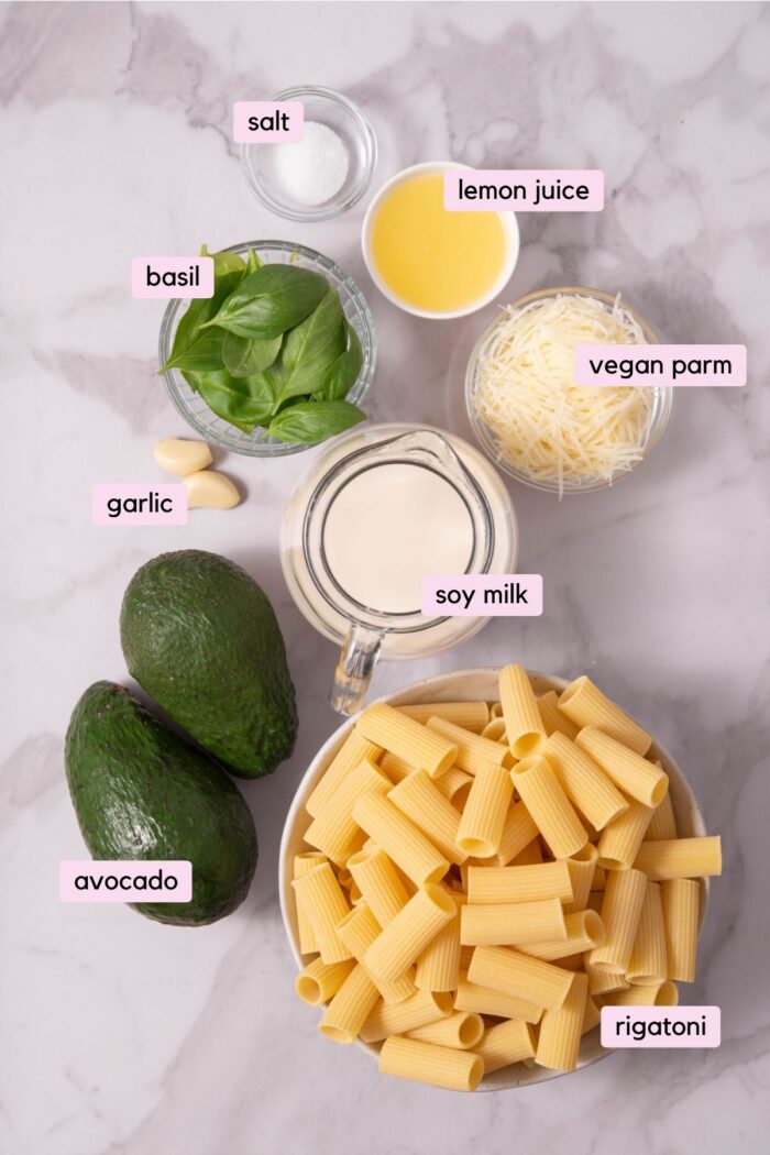 The ingredients for the avocado pasta laid out and clearly labeled.