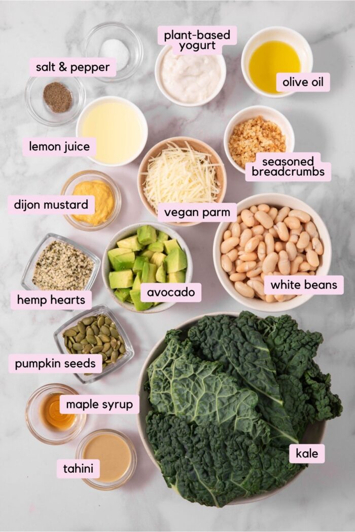 The ingredients to make chopped kale salad, laid out and labeled clearly on a plain light background.