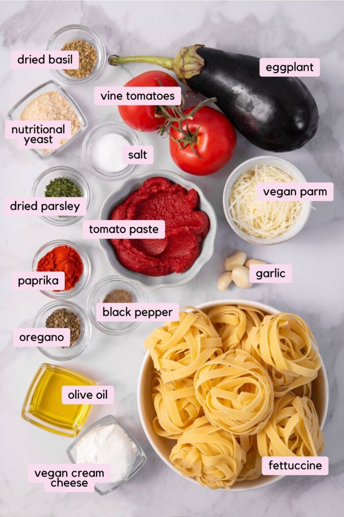 Creamy eggplant pasta ingredients laid out and labeled on a clear background.