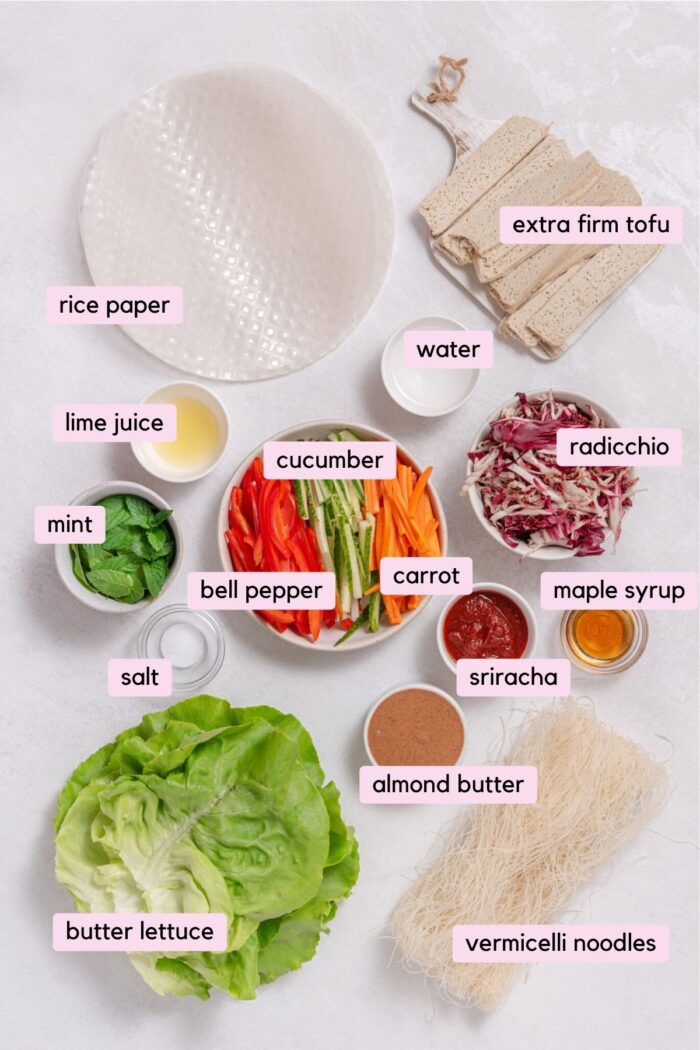 Th ingredients for vegan summer rolls, measured and laid out with digital labels.