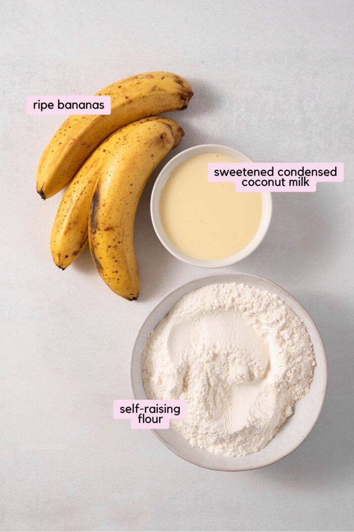 The ingredients for the easy vegan banana bread laid out and labeled on a clear white background.