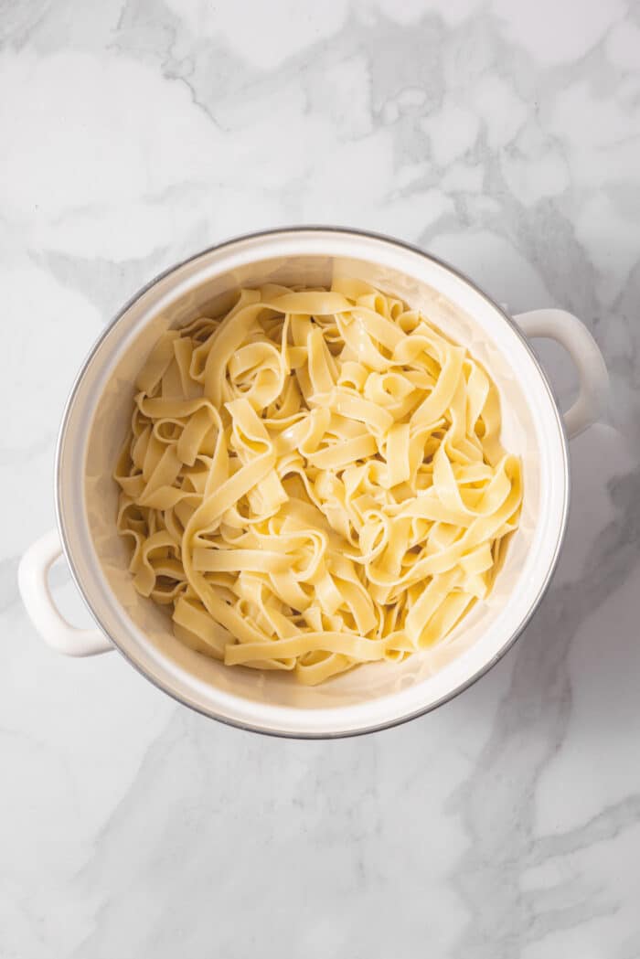Fetuccine cooked in a pasta pot.