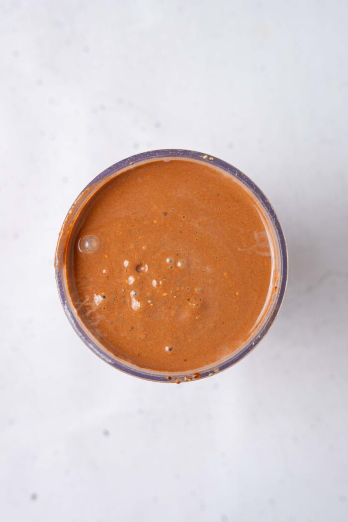 The mixture for the blended chocolate chia pudding after processing.