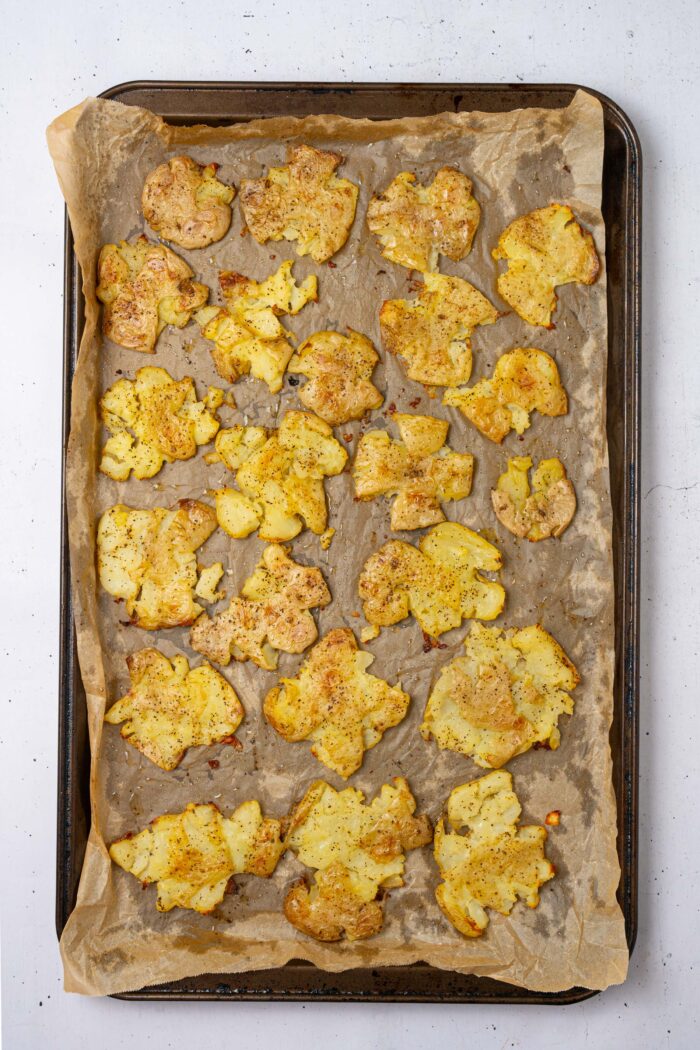 Crispy smashed potatoes fresh out of the oven.